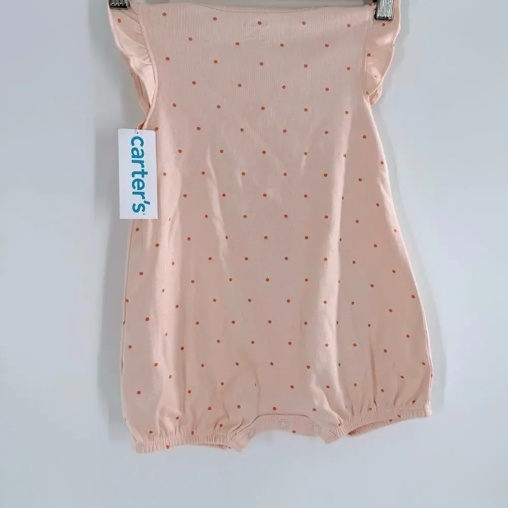 NWT Carter’s Baby Girl Peach Polka Dot Romper with Orange Slice Pockets Size 9M